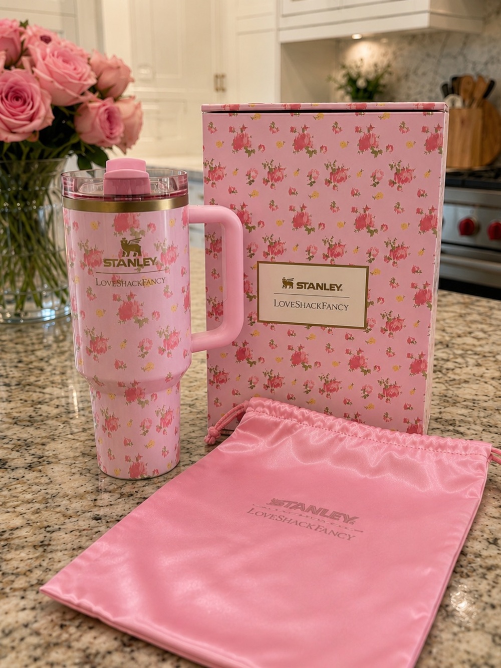 Stanley Pink Floral Travel Tumbler with Matching Pouch and Box